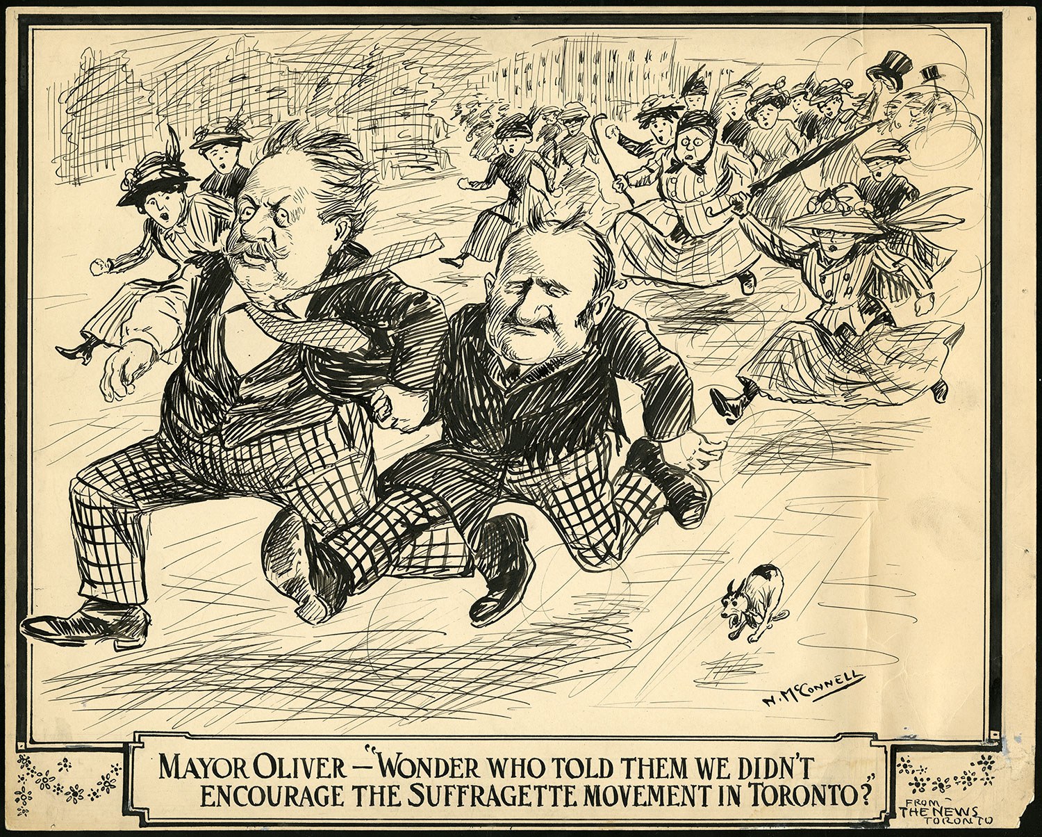 “Mayor Oliver: Wonder who told them we didn’t encourage the suffragette movement in Toronto?”, [photograph], ca. 1910, Newton McConnell fonds, C 301-0-0-0-996, Archives of Ontario.