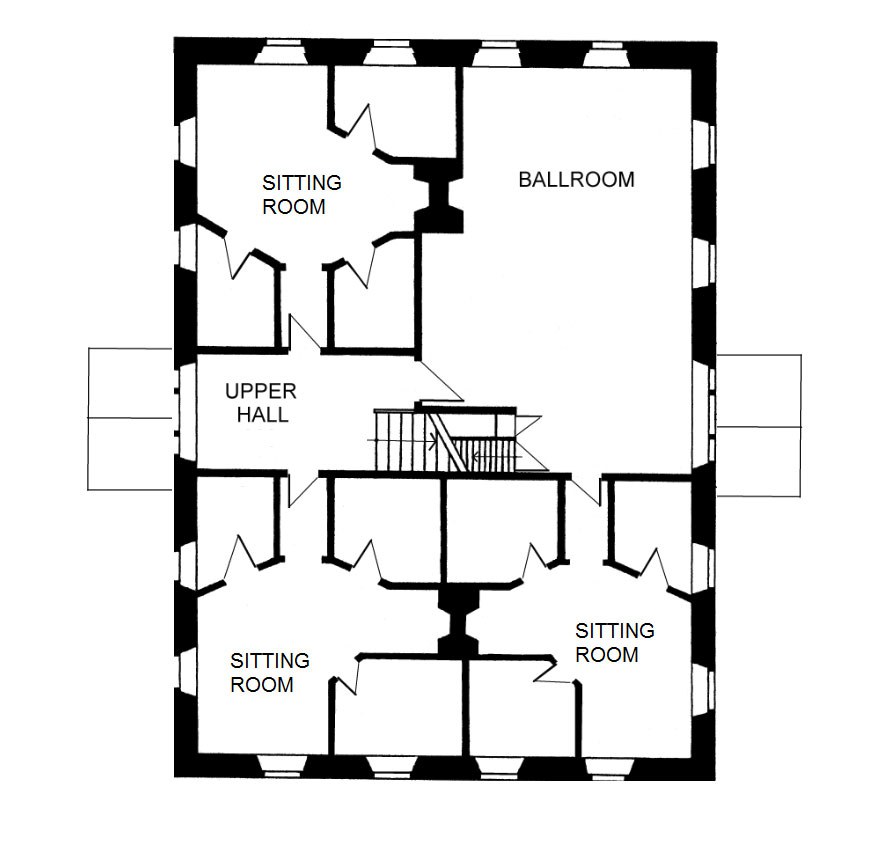 Second-floor plan, c. 1817, showing original layout of three sitting rooms, each surrounded by three bed closets