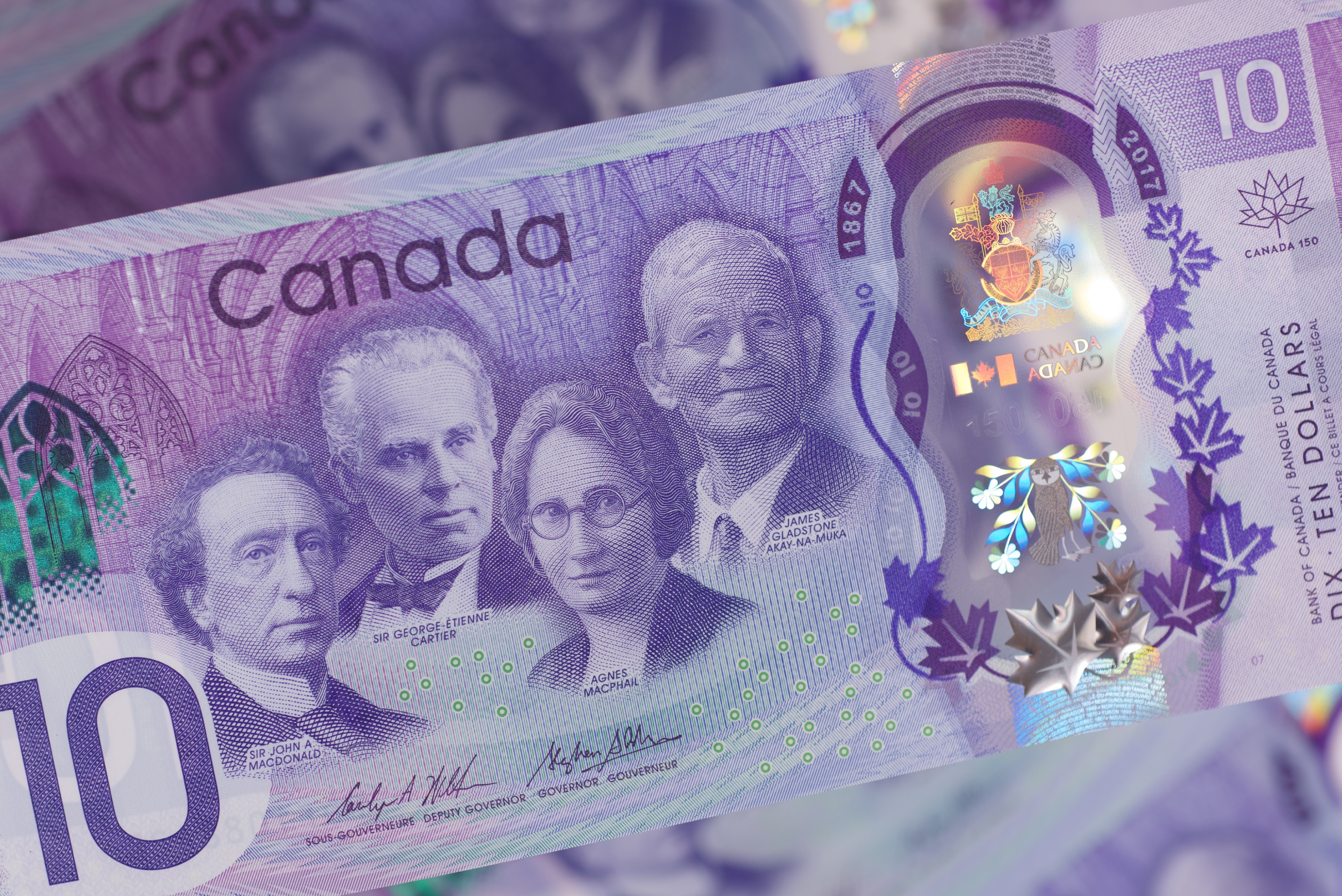This $10 bill, issued in 2017 to commemorate Canada 150, features Sir John A. Macdonald, Sir George-Étienne Cartier, Agnes Macphail and James Gladstone “Akay-na-muka.”