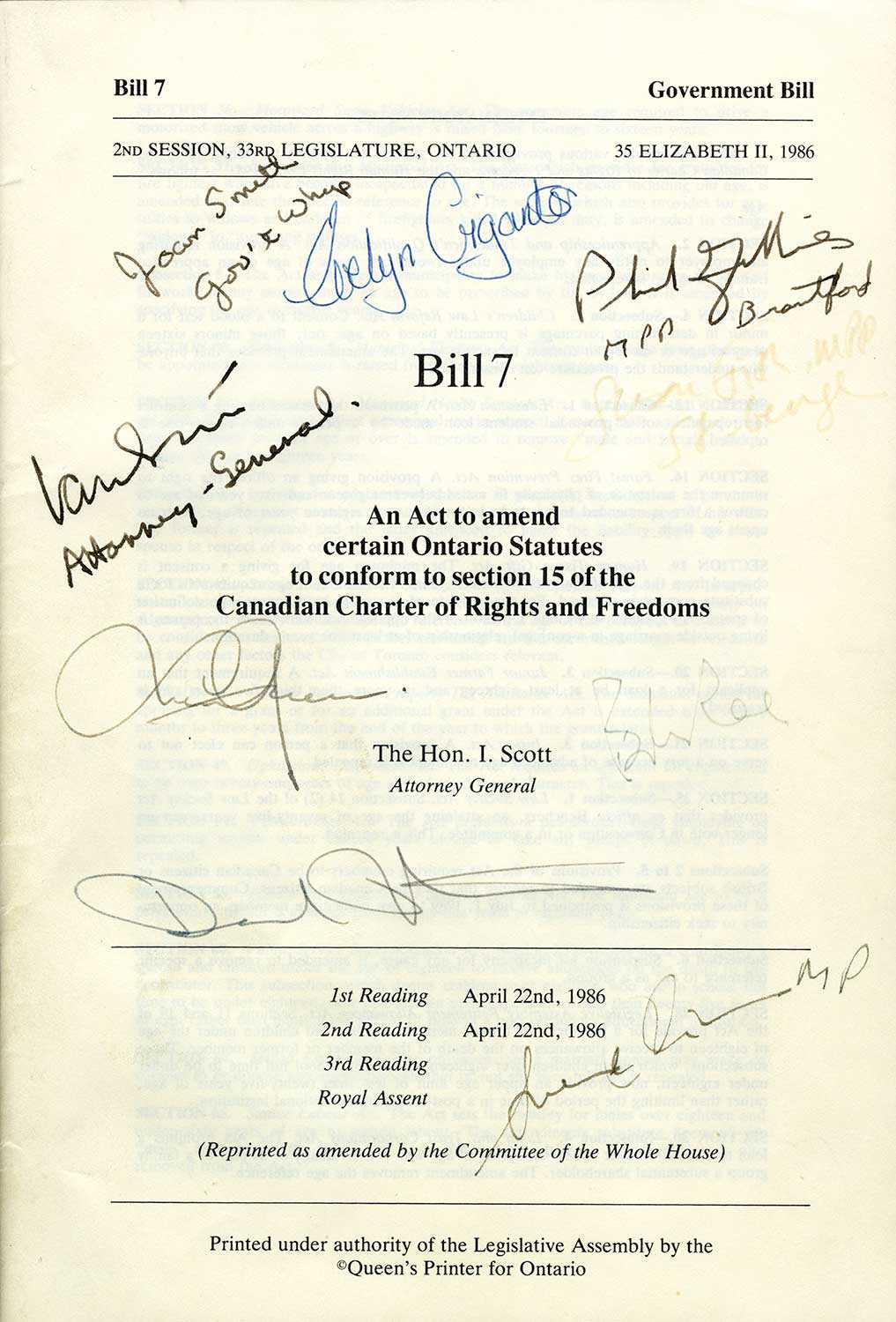 One of two copies of the Bill autographed by supportive politicians and activists (Photo courtesy of the Canadian Lesbian and Gay Archive)