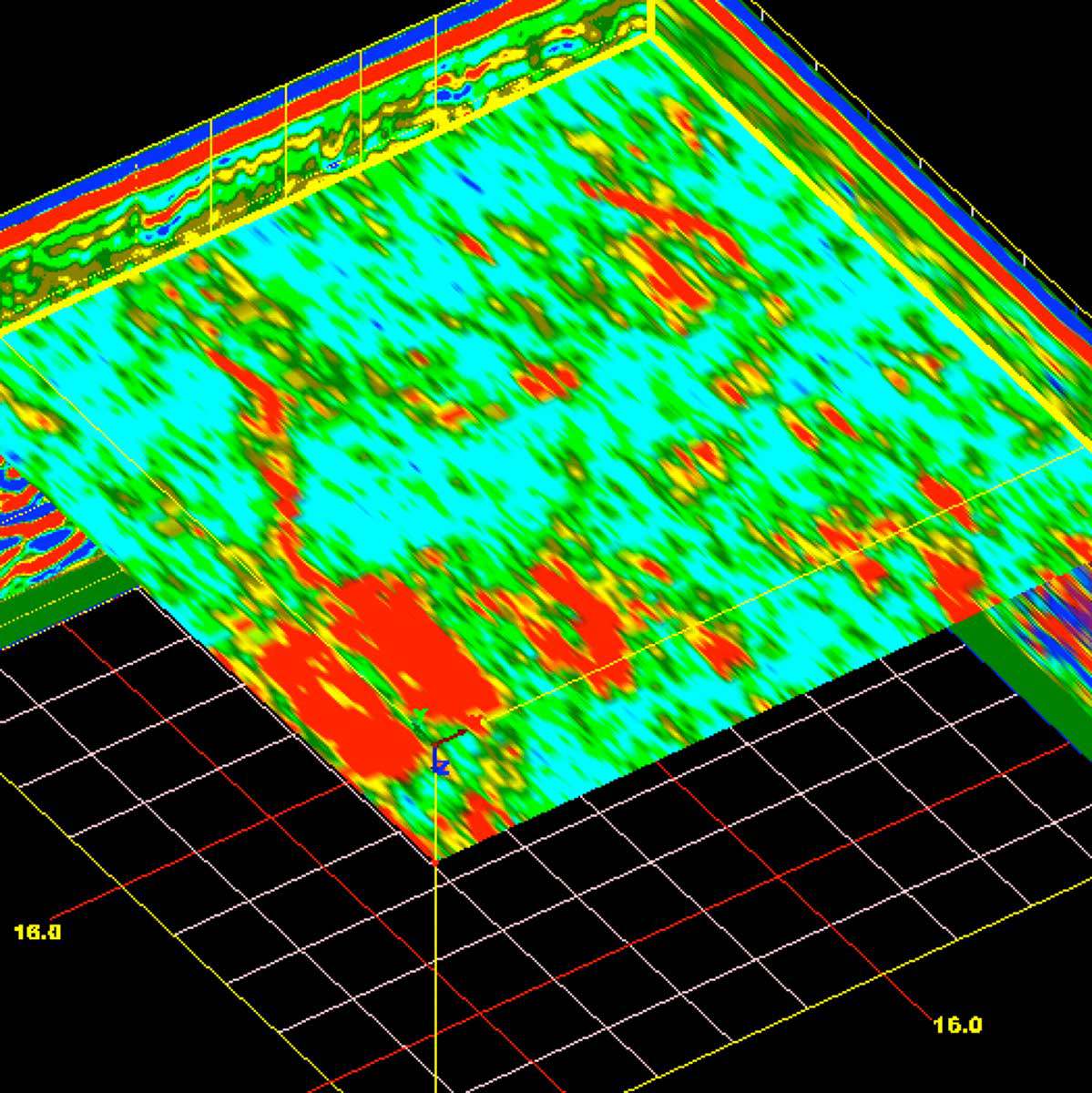 Figure A: Preliminary ground penetrating radar results showing one section of the grid system at the Henson Family Cemetery. The red areas denote two burials that are confirmed by the presence of accompanying headstones.