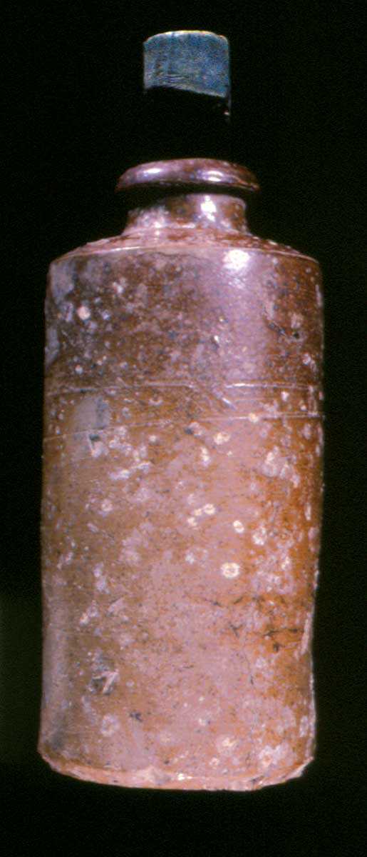 A stoneware bottle was recovered complete with its cork stopper.