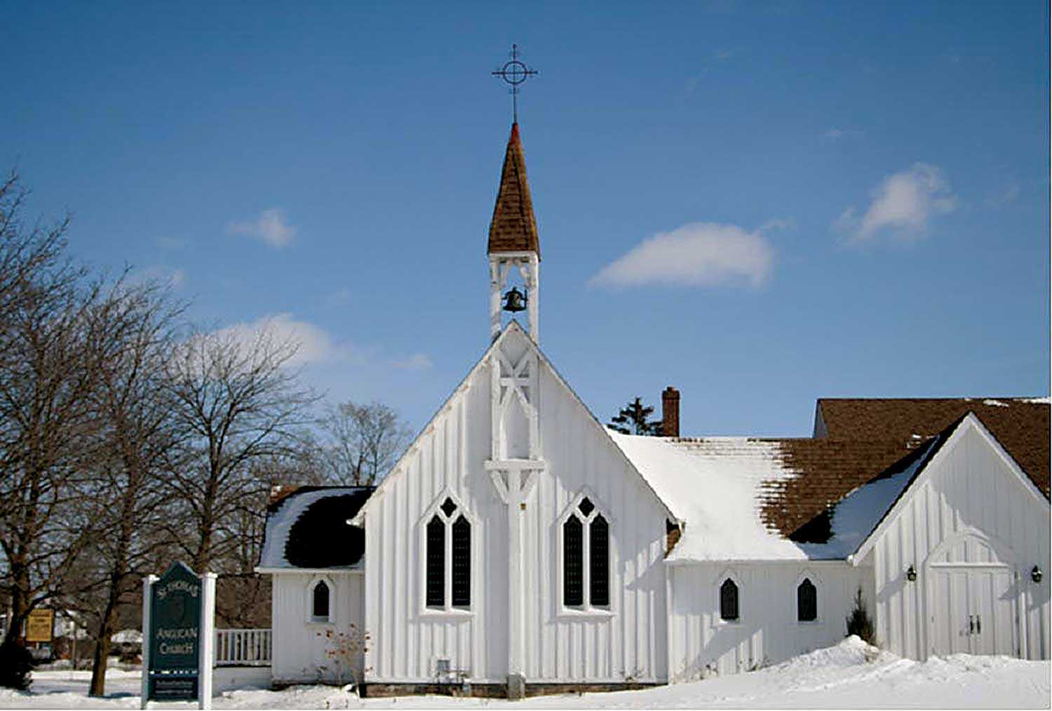 St. Thomas Anglican Church, Brooklin, is a notable example of Camdenian Gothic executed in wood (Photo courtesy of Candace Iron)