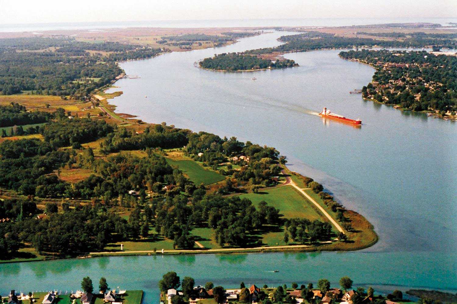 Aerial view of the northern tip of Walpole Island First Nation looking southwest along the St. Clair River (Photo: Karen Abel)