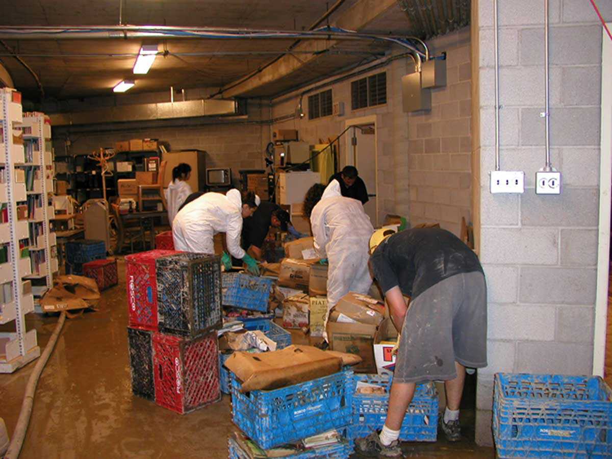 Emergency cleanup in the main storage facility of the library’s lower level