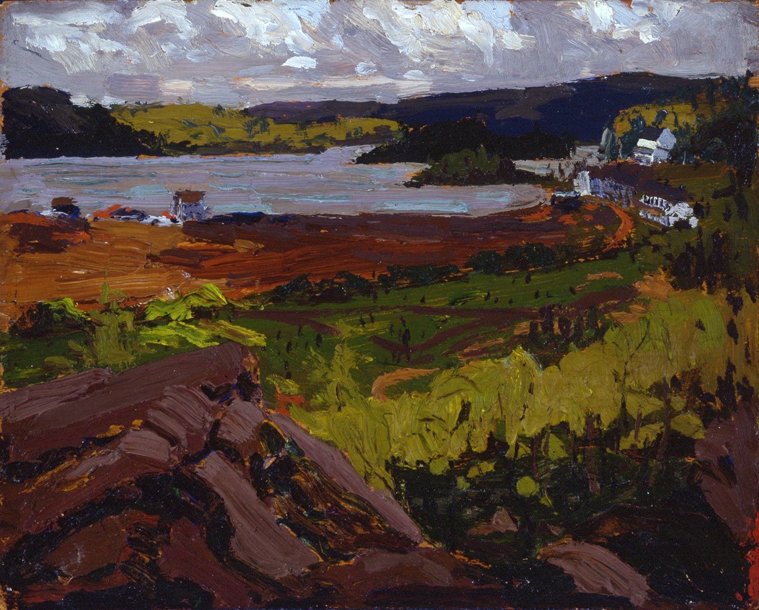 Tom Thomson, Canoe Lake, Mowat Lodge, 1914, oil on plywood, 21.4 x 26.7 cm. Collection of the Tom Thomson Art Gallery, Owen Sound. Gift of the Ontario Heritage Trust and the Estate of Stewart and Letty Bennett, 1988.