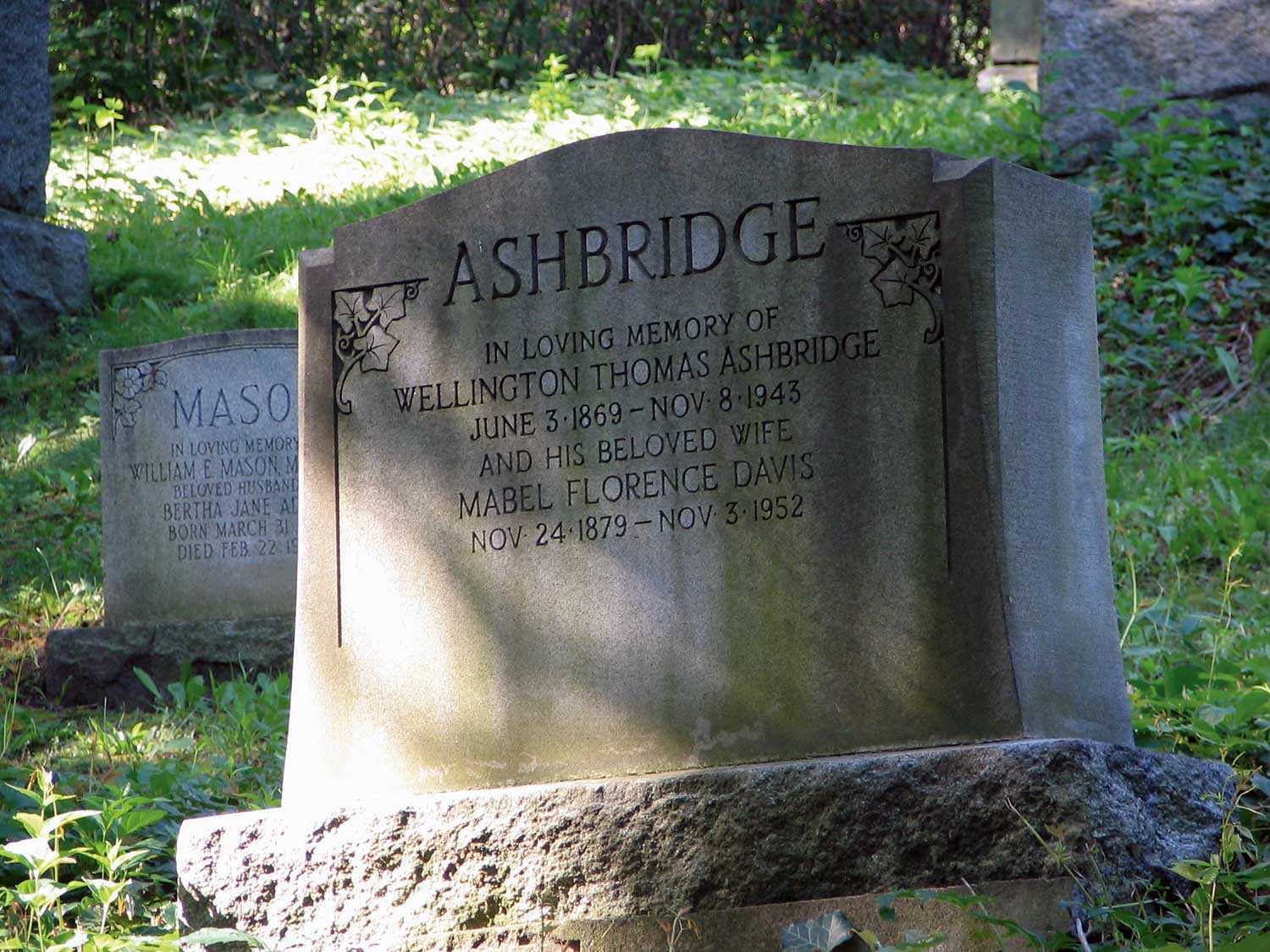 Wellington and Mabel Ashbridge are buried, along with other members of the Ashbridge family, in the Toronto Necropolis.