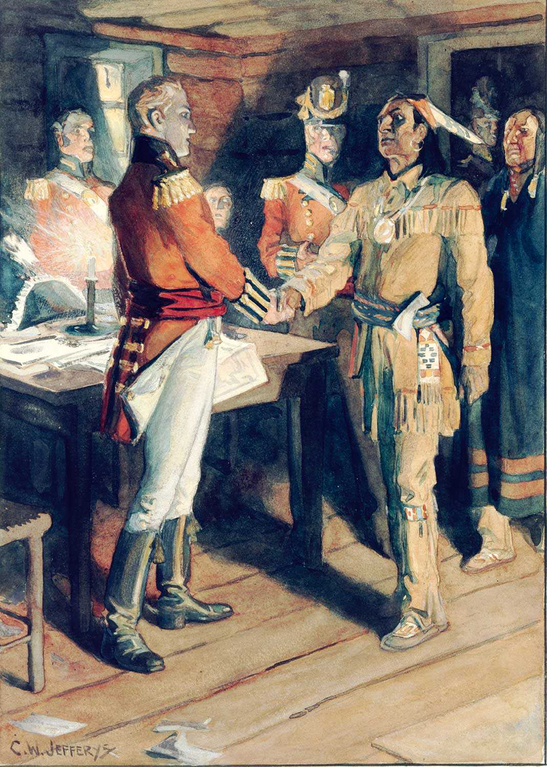 Meeting of Brock and Tecumseh, 1812, by C.W. Jeffreys, 1869-1951. Library and Archives Canada, 1972-26-1360.