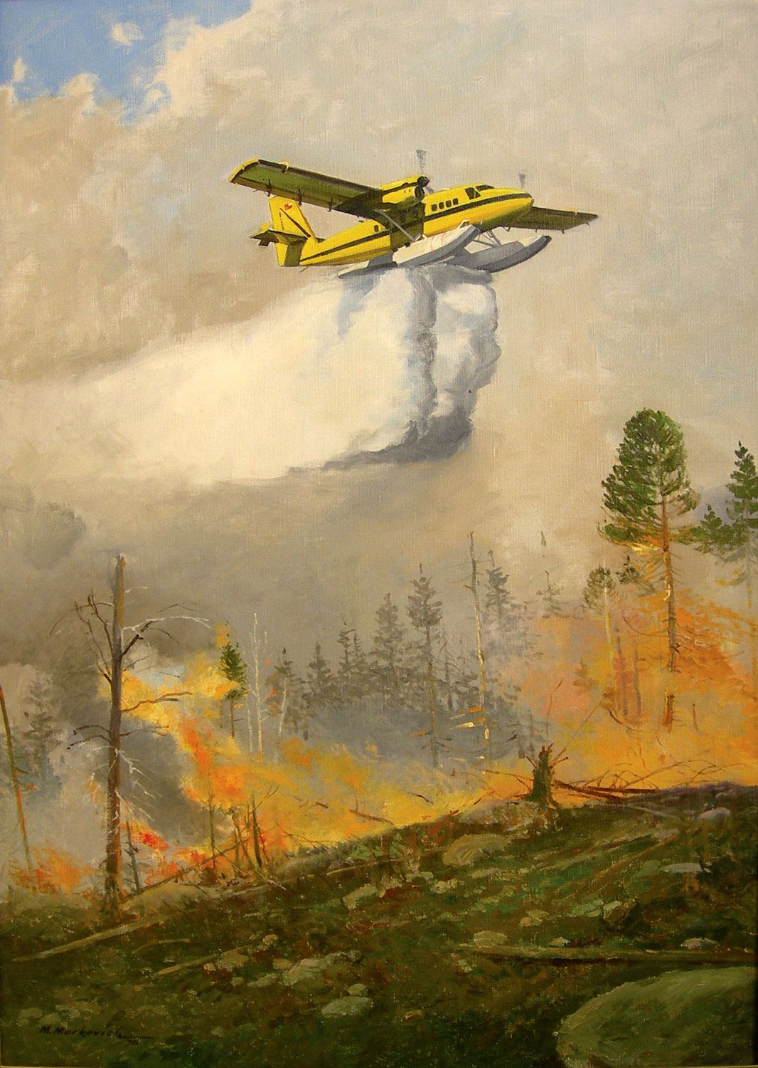 Water Bombing, 1970, by Moma Markovich. Oil on canvas, 90.8 x 65.4 cm. Government of Ontario Art Collection, Archives of Ontario, 636457.